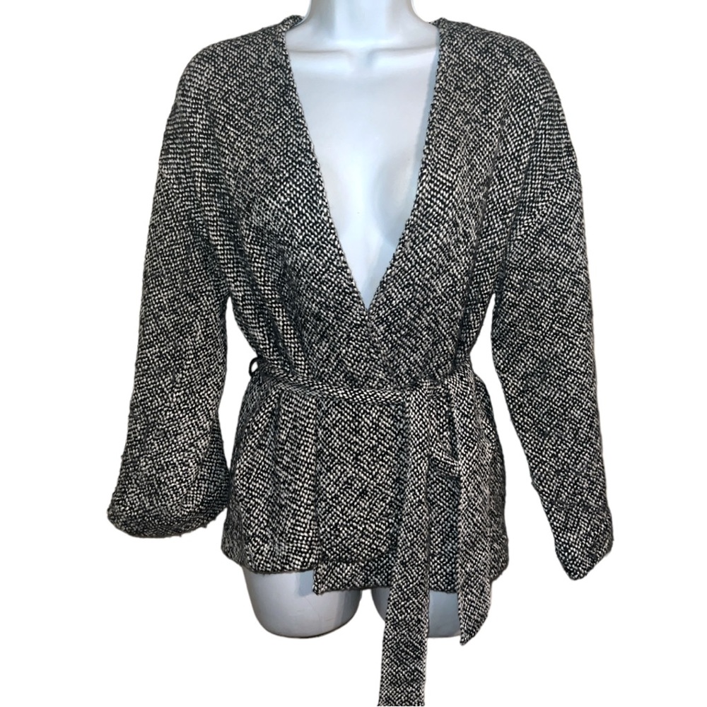 Eileen Fisher Black white tweed belted Cardigan jacket SZ XS P